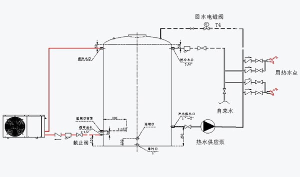 小工程水循環(huán)家用熱泵熱水器管路連接示意圖(如1.5HP、2.5HP、小3HP)